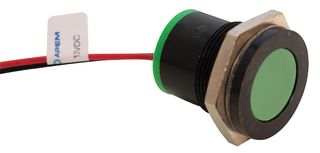 APEM Q22F7BXXG24E 发光二极管指示器 面板安装, 黑铬挡板, 绿色, 24 VDC, 22 mm, 40 mA, 70 mcd, IP67
