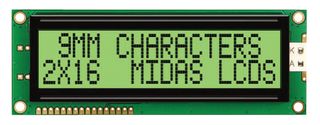 MIDAS DISPLAYS MC21609A6W-GPTLY-V2 Alphanumeric LCD, 16 x 2, 5V, Parallel, English, Japanese, Transflective