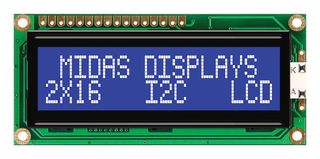 MIDAS DISPLAYS MC21605C6W-BNMLWI-V2 Alphanumeric LCD, 16 x 2, White on Blue, 5V, I2C, English, Japanese, Transmissive