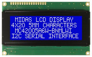 MIDAS DISPLAYS MC42005A6W-BNMLWI-V2 Alphanumeric LCD, 20 x 4, White on Blue, 5V, I2C, English, Japanese, Transmissive