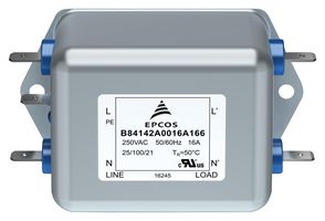 TDK B84142A0016A166 Power Line Filter, General Purpose, 250 VAC, 16 A, Single Phase, 1 Stage, Chassis Mount