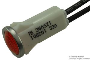 VCC / VISUAL COMMUNICATIONS COMPANY 1030D1 Neon Indicator, Non-Relampable, 125 VAC, Wire Leaded, Red, 12.7 mm, Dome