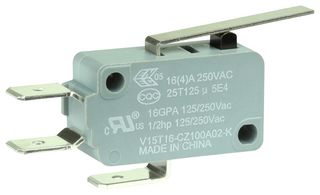HONEYWELL V15T16-CZ100A02-K 微动开关, 标准, 合页杆, SPDT, 快速连接, 16 A