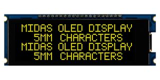 MIDAS DISPLAYS MDOB42005CV-EYM 数字字母 OLED, 20 x 4, 黑色底黄色字, 5 V, 多, 西里尔, 英文, 欧洲, 4.77 mm