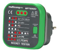 MULTICOMP PRO MP780683 Mains Socket Tester with RCD Test, EU Plug, 50 Hz to 60 Hz, 230 V, Green & Grey Colour