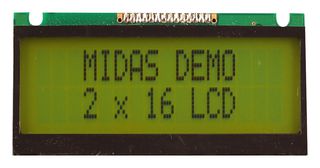 MIDAS DISPLAYS MC21605FA6WE-SPTLY 字母数字液晶屏, 16 x 2, 黄绿底黑色字, 5 V, 并行, 英式, 欧式, 半透反射