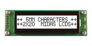 MIDAS DISPLAYS MC22005A6W-FPTLW3.3-V2 字母数字液晶屏, 20 x 2, 白色底黑色字, 3.3V, 并行, 英式, 日式, 半透反射
