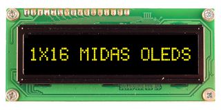 MIDAS DISPLAYS MCOB11605BV-EYP Alphanumeric OLED, 16 x 1, Yellow on Black, 5V, Parallel, Multi, 5.55 mm