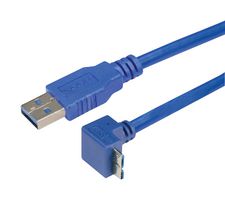 L-COM CA3A-90DMICB-05M USB Cable, Type A Plug to Micro Type B Plug, 500 mm, 19.7 ", USB 3.0, Blue