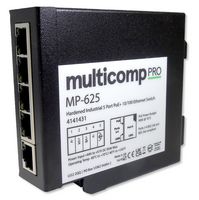 MULTICOMP PRO MP-625 Switch, Polyamide casing, 5 Ports, Industrial, Unmanaged PoE Fast Ethernet, DIN Rail, RJ45 x 5