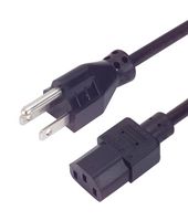 L-COM PCM1012 Mains Power Cord, NEMA 5-15P to IEC 60320 C13, 2.3 m, 10 A, 125 V, Black