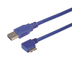 L-COM CA3A-90LMICB-3M USB Cable, Type A Plug to 90° Micro Type B Plug, 3 m, 9.8 ft, USB 3.0, Blue