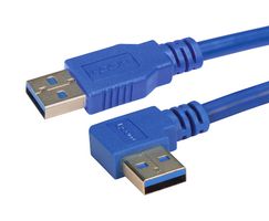 L-COM CA3A-90RA-03M USB Cable, Type A Plug to 90° Type A Plug, 300 mm, 11.76 ", USB 3.0, Blue