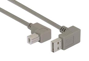 L-COM CA90DA-90UB-1M USB Cable, 90° Type A Plug to 90° Type B Plug, 1 m, 3.3 ft, USB 2.0, Grey