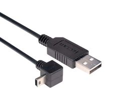L-COM CAA-90DMB5-05M USB Cable, Type A Plug to 90° Mini Type B Plug, 500 mm, 19.7 ft, USB 2.0, Black