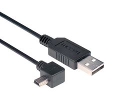 L-COM CAA-90LMB5-075M USB Cable, Type A Plug to 90° Mini Type B Plug, 750 mm, 29.5 ft, USB 2.0, Black