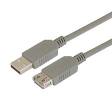 L-COM ECUSBAX-1M USB Cable, Type A Plug to Type A Receptacle, 1 m, 3.3 ft, USB 2.0, Grey