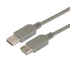 L-COM ECUSBAX-2M USB Cable, Type A Plug to Type A Receptacle, 2 m, 6.6 ft, USB 2.0, Grey
