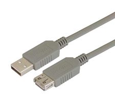 L-COM ECUSBAX-3M USB Cable, Type A Plug to Type A Receptacle, 3 m, 9.8 ft, USB 2.0, Grey