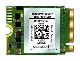 SWISSBIT SN2000MA480GI-1TB8-2DB-STD SSD, Internal, M.2 2230, PCIe Gen 3 x 4, NVMe 1.3, 480 GB, 3D TLC NAND, AES 256-bit, TCG Opal 2.0