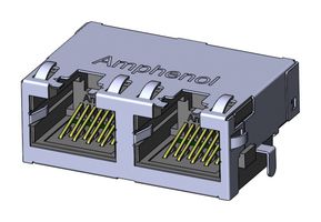 AMPHENOL COMMUNICATIONS SOLUTIONS RJE722881401. RJ45 CONN, R/A JACK, 8P8C, 2GANGED, TH