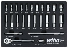 WIHA 33396 SOCKET SET, 1/4IN DRIVE, FOAM TRAY, 25PC