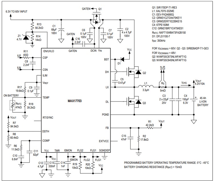 Figure 2: Typical application circuit of MAX17703, 10a Li-Ion battery charger